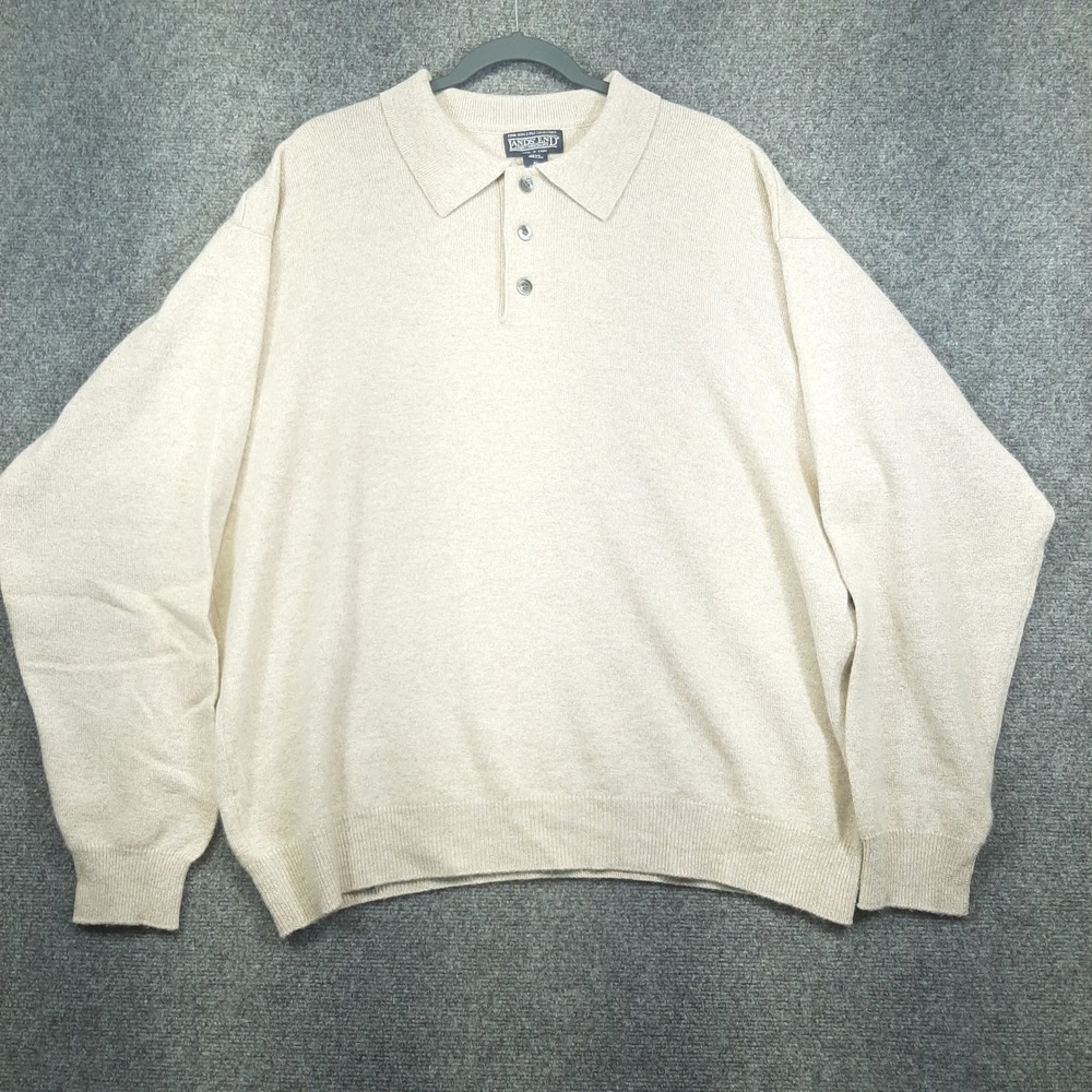Lands End Polo Sweater 2-Ply Cashmere RN 62830 XL Light Beige Mens Luxury Knit